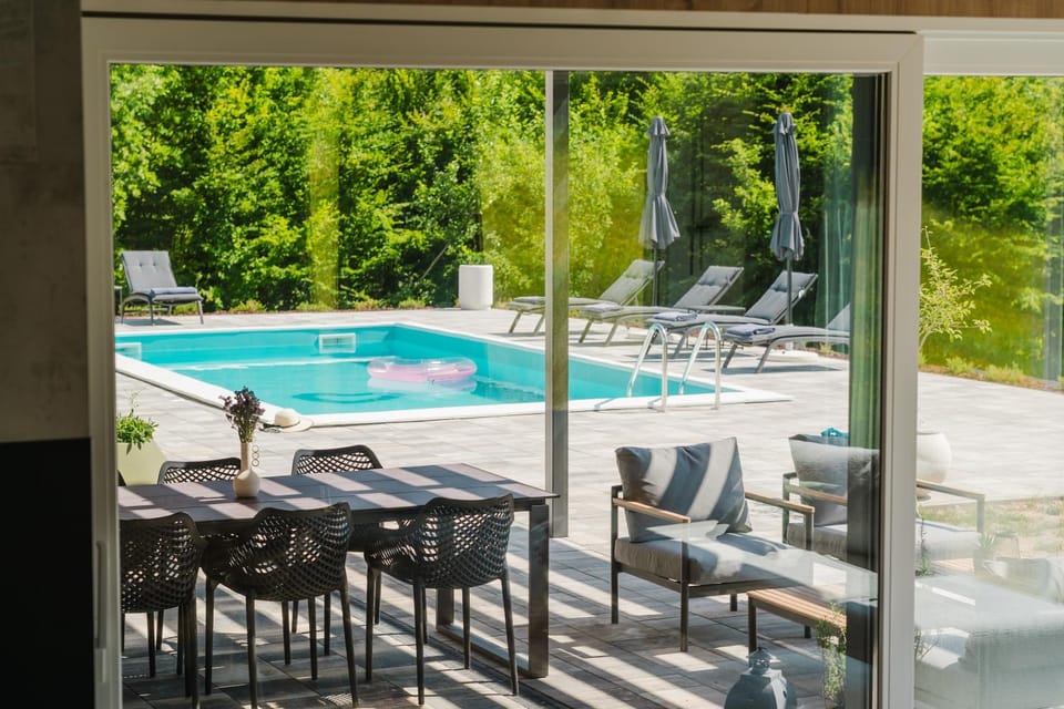 Patio, Garden, Seating area, Pool view, Swimming pool