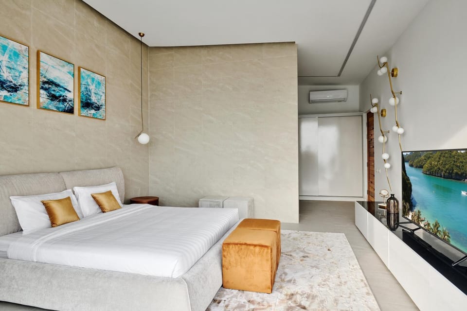Bed, TV and multimedia, Photo of the whole room, Decorative detail, Bedroom, wardrobe, air conditioner