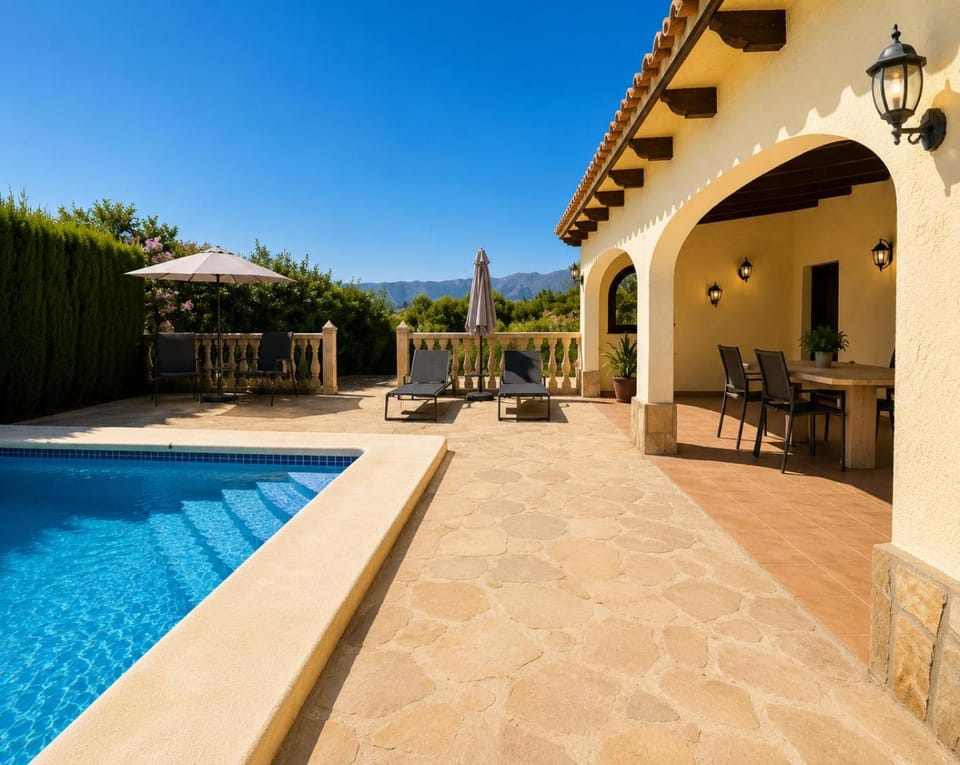 Property building, Patio, Day, Natural landscape, Mountain view, Pool view, Swimming pool, sunbed