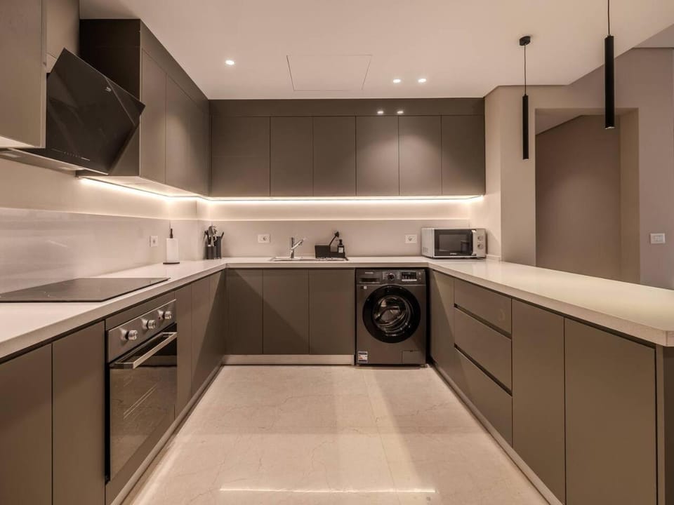 Kitchen or kitchenette, oven, stove, washing machine