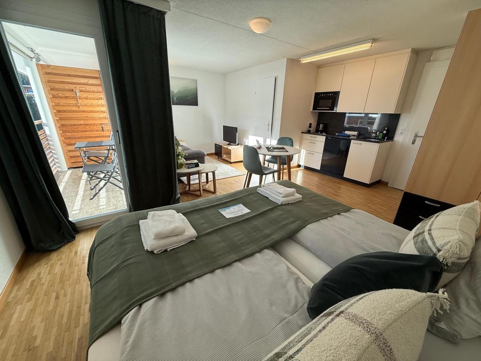 Bed, kitchen