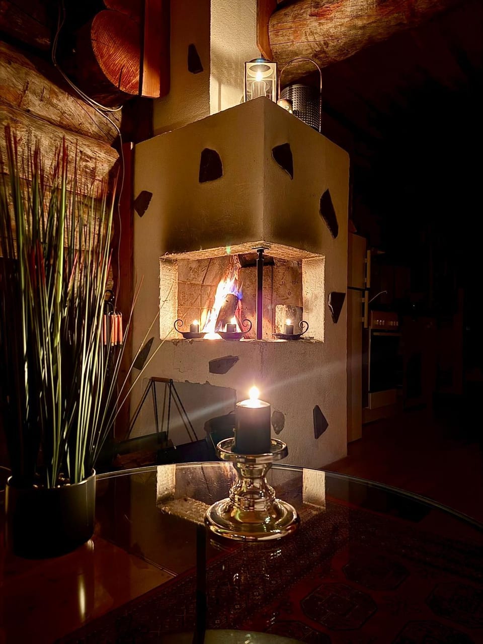 Living room, fireplace, kitchen