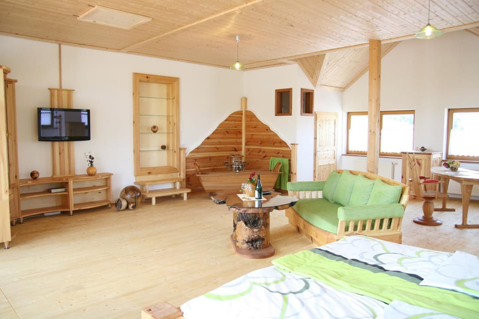 Bathroom, Living room, Seating area, Bedroom