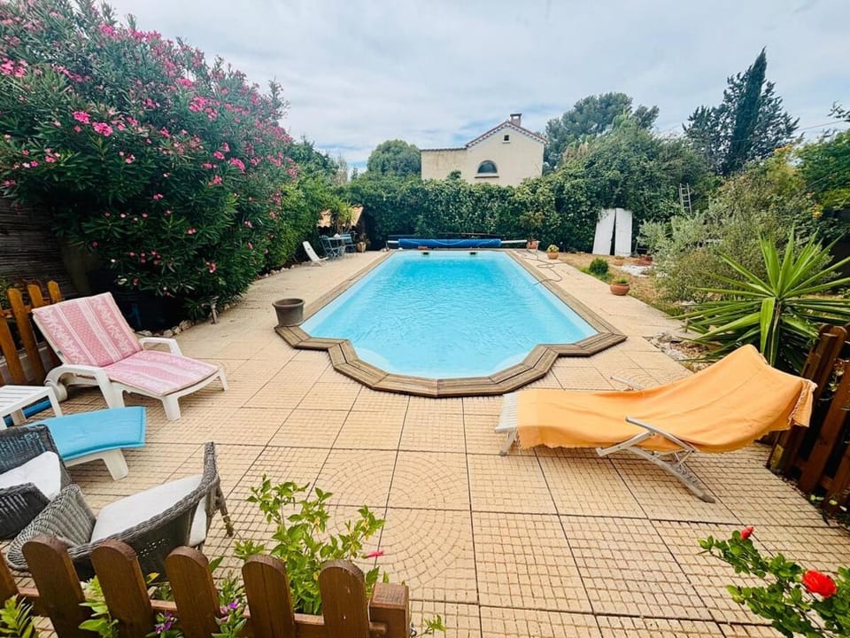 Natural landscape, Garden, Garden view, Pool view, Swimming pool, sunbed
