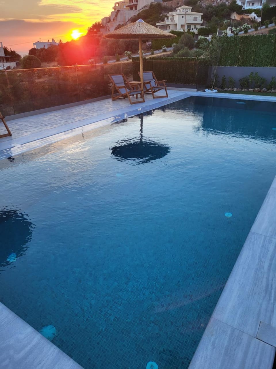 Natural landscape, Pool view, Swimming pool, Sunset, sunbed