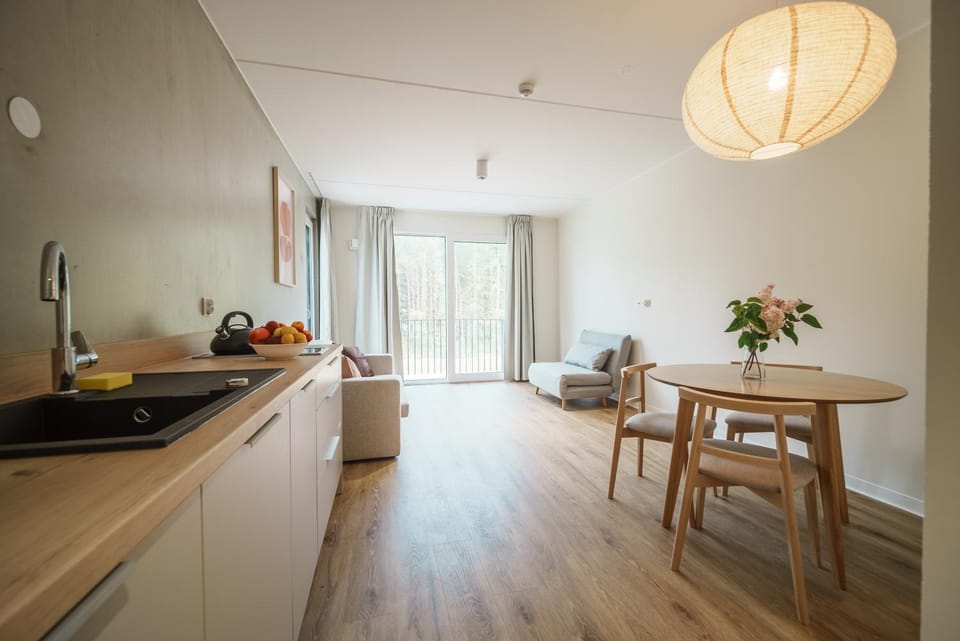 Kitchen or kitchenette, Living room, Seating area, Dining area