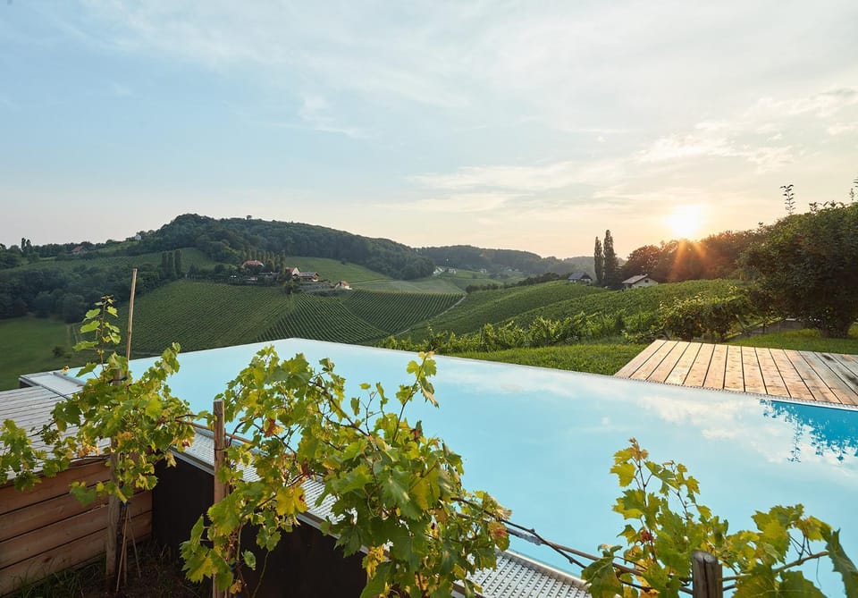 Mountain view, Swimming pool, Sunset