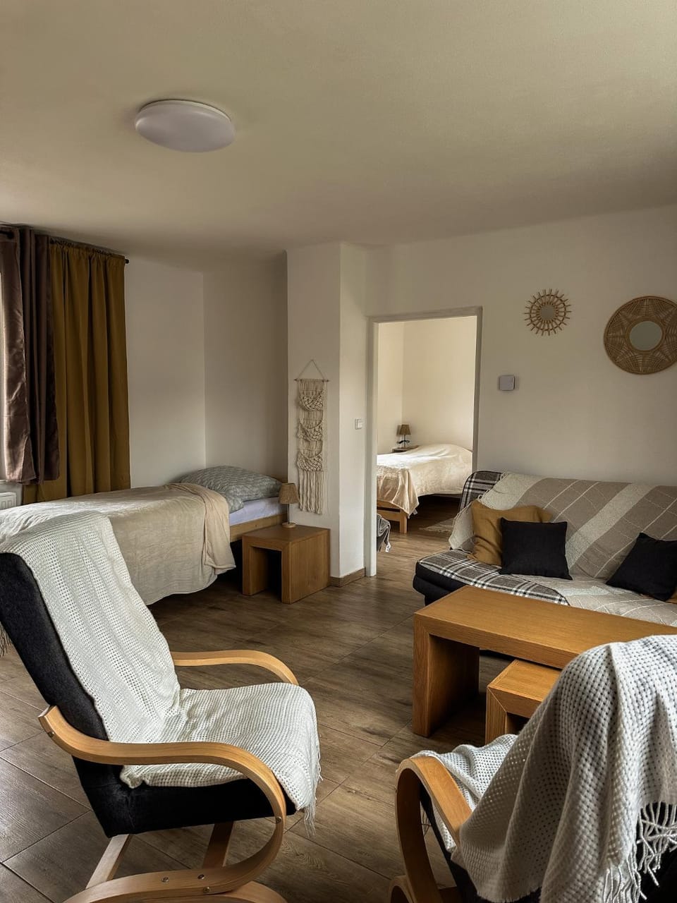 Bed, Living room, Seating area, Bedroom