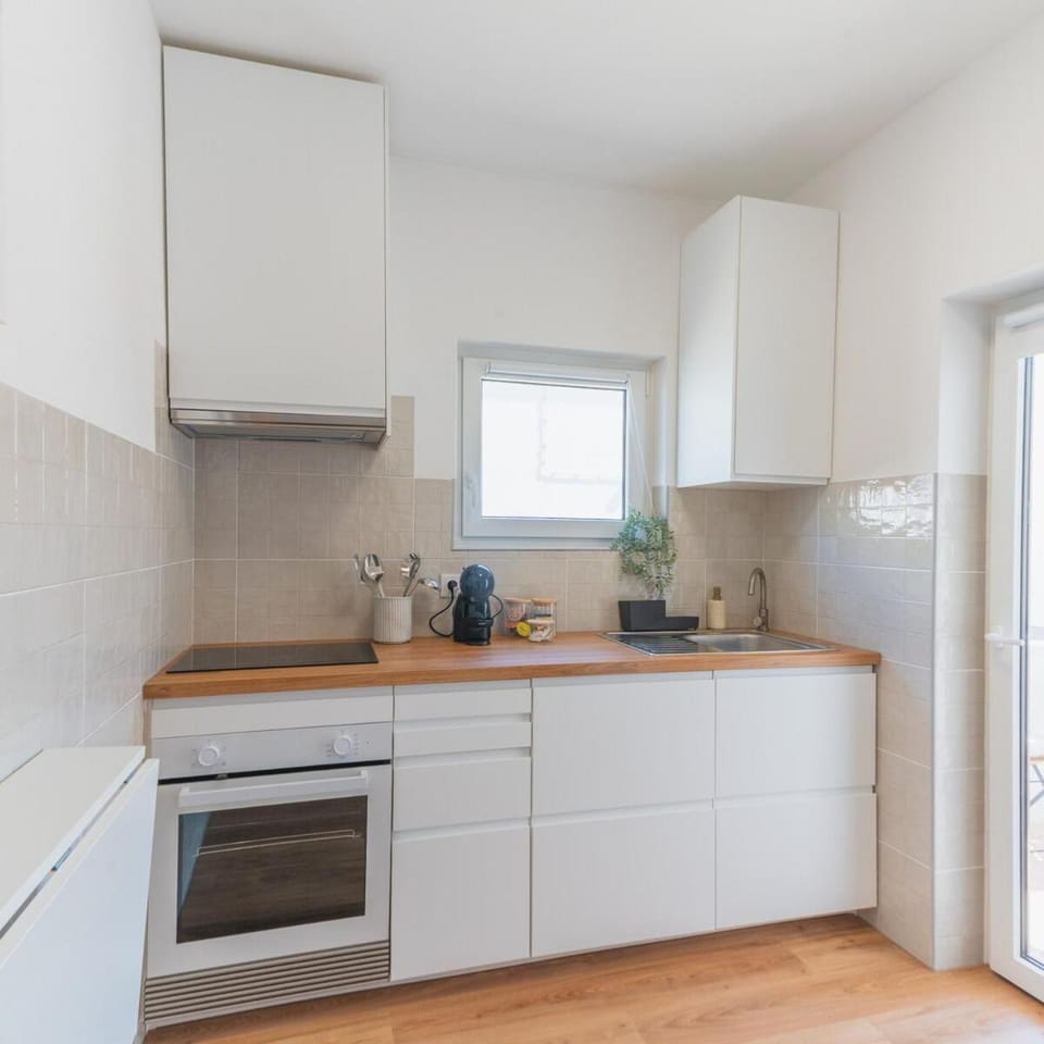 Kitchen or kitchenette, stove