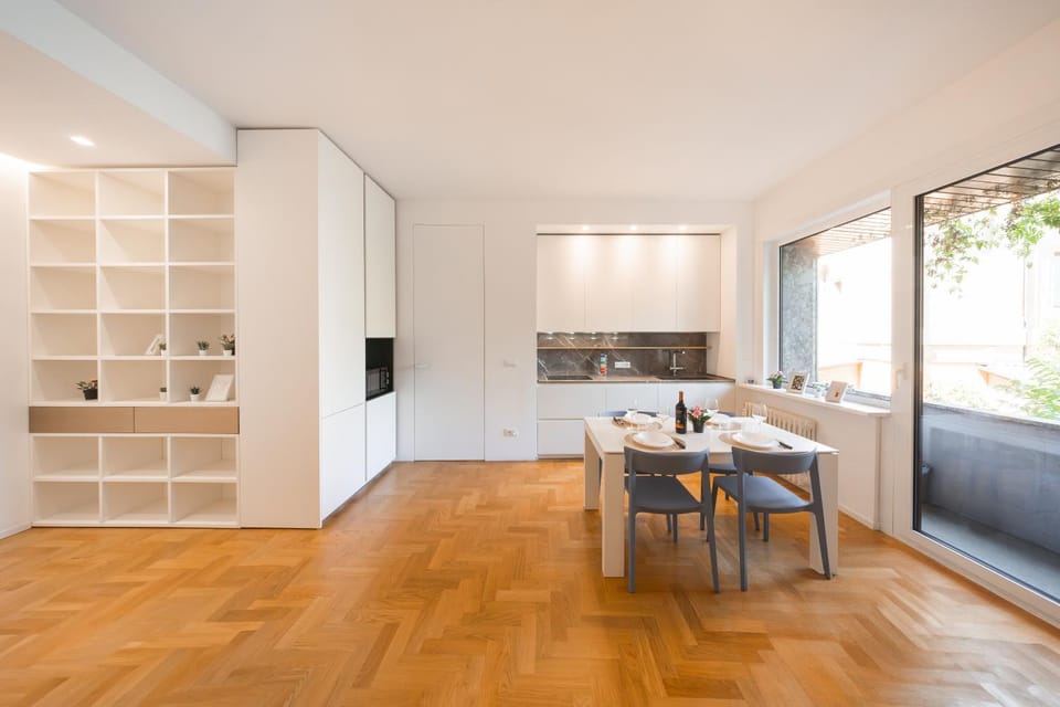 Kitchen or kitchenette, Living room, Seating area, Dining area, stove