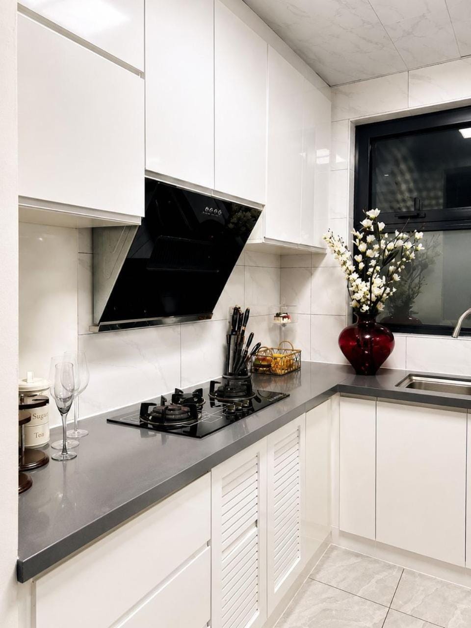 Kitchen or kitchenette, stove