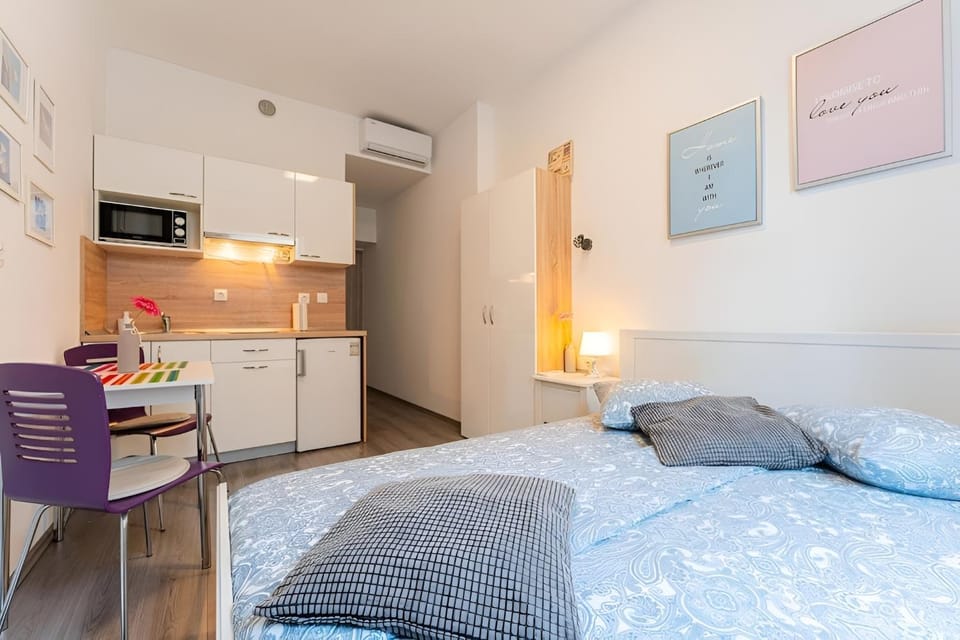 Bed, Kitchen or kitchenette, Photo of the whole room, Seating area, Dining area, microwave, wardrobe, air conditioner