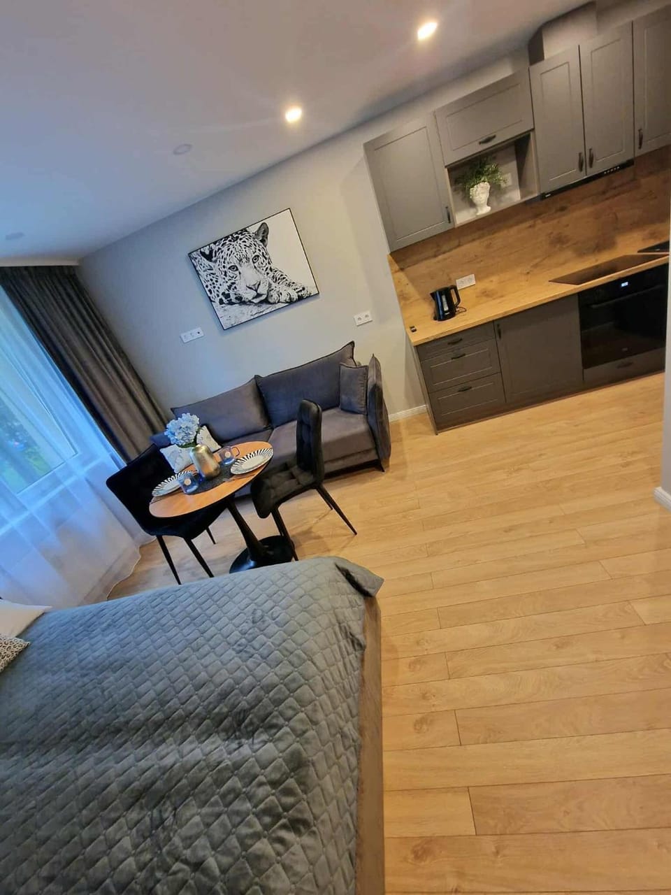 Kitchen or kitchenette, Living room, Seating area, Dining area