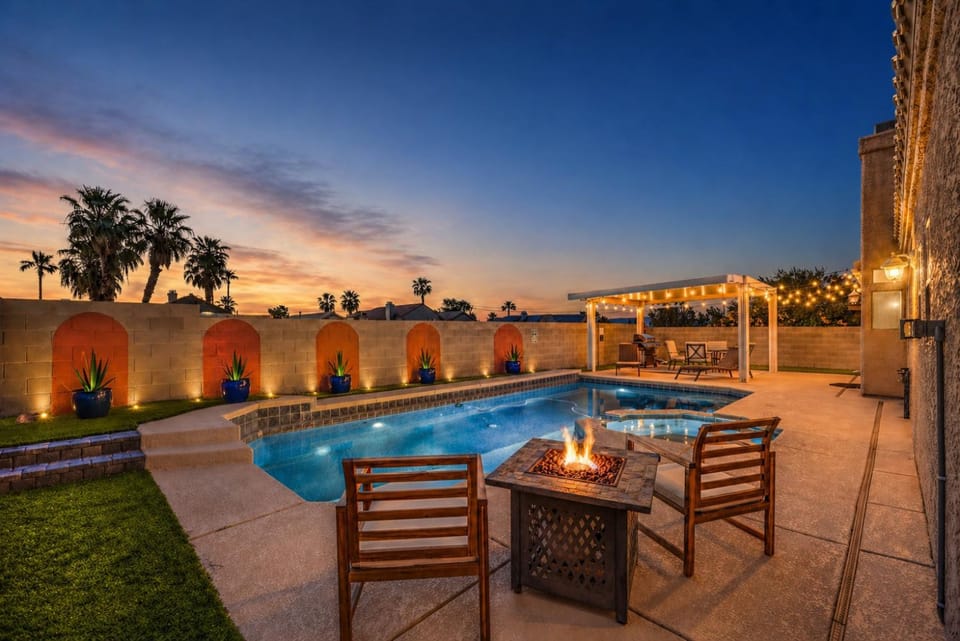 Patio, Night, Garden, Hot Tub, Seating area, Swimming pool, Sunset, fireplace