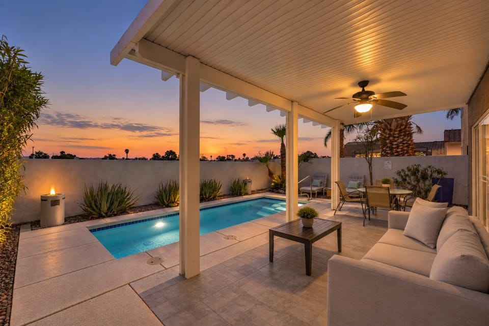 Patio, Seating area, Dining area, Swimming pool, Sunset