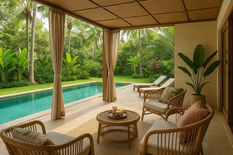 Property building, Garden, Living room, Seating area, Garden view, Pool view, Swimming pool