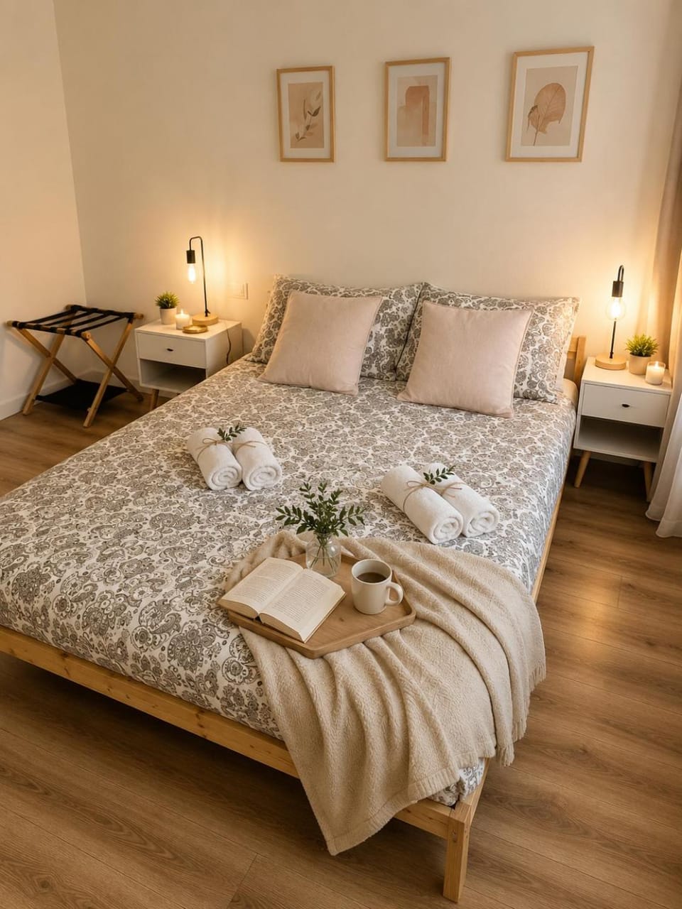 Bed, fireplace