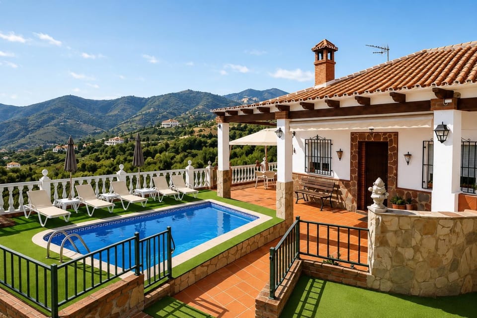 Property building, Patio, Spring, Day, Natural landscape, Garden, Garden view, Mountain view, Pool view, Swimming pool, sunbed
