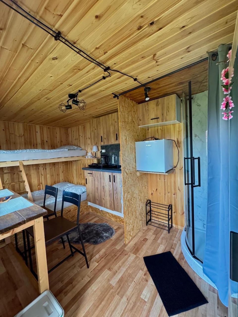 Shower, Bed, Kitchen or kitchenette, Dining area