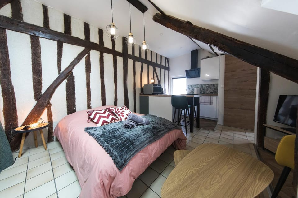 Bed, TV and multimedia, Kitchen or kitchenette, Living room, Photo of the whole room, Seating area, Bedroom