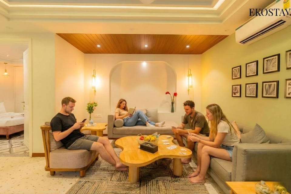 People, Living room, Seating area, group of guests, air conditioner