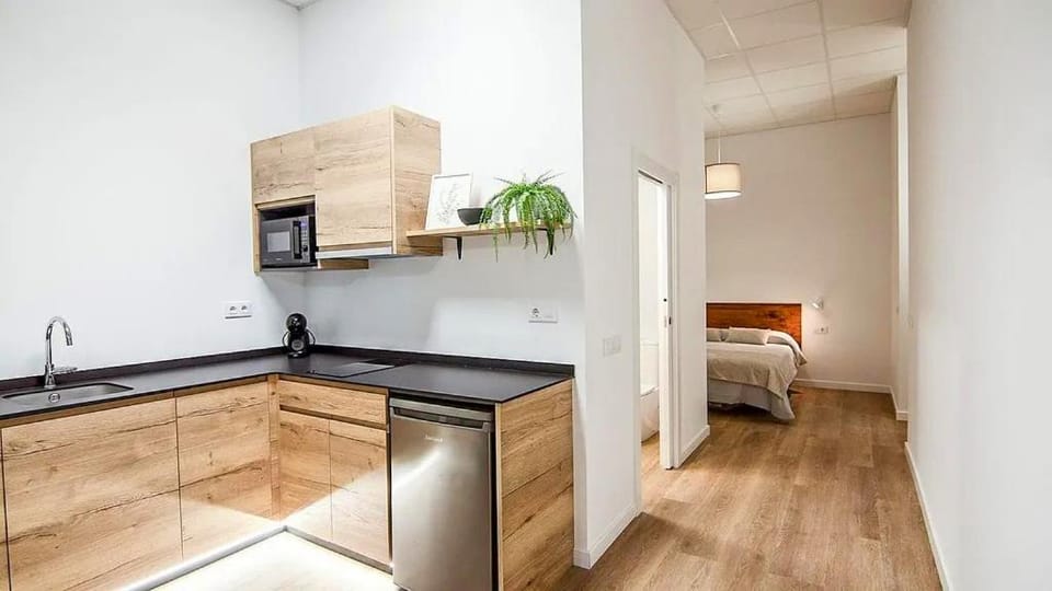 Bed, Bathroom, Kitchen or kitchenette, Photo of the whole room, Bedroom, dishwasher, microwave, minibar, oven, stove, air conditioner
