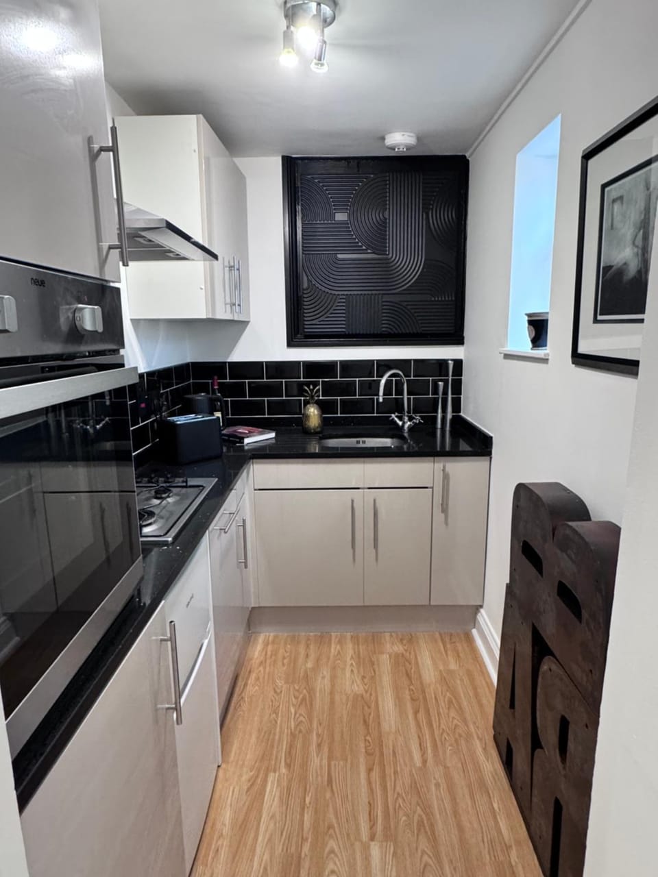 Kitchen or kitchenette, dishwasher, oven, stove