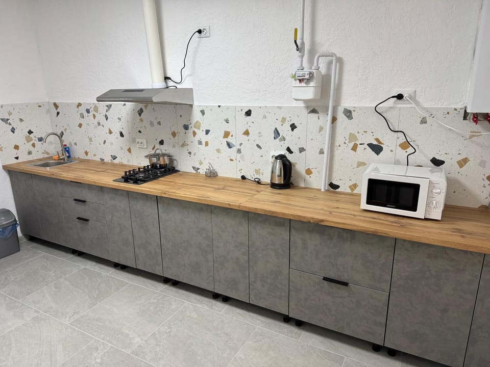 Kitchen or kitchenette, stove