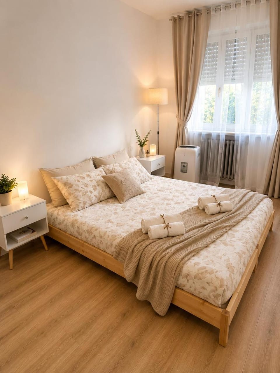 Bed, Bedroom, towels, air conditioner