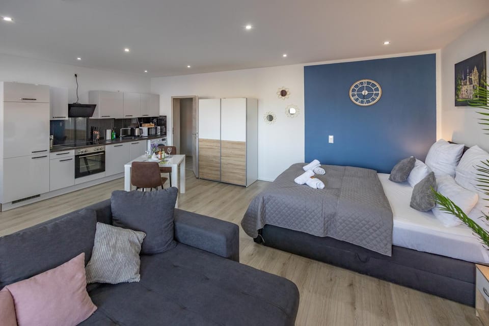 Bed, TV and multimedia, Kitchen or kitchenette, Living room, Photo of the whole room, Seating area, Bedroom, oven, stove