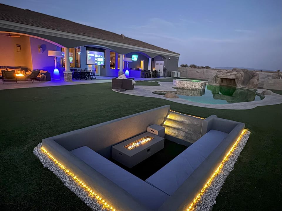 Patio, Night, Natural landscape, Seating area, Evening entertainment, Pool view, Swimming pool