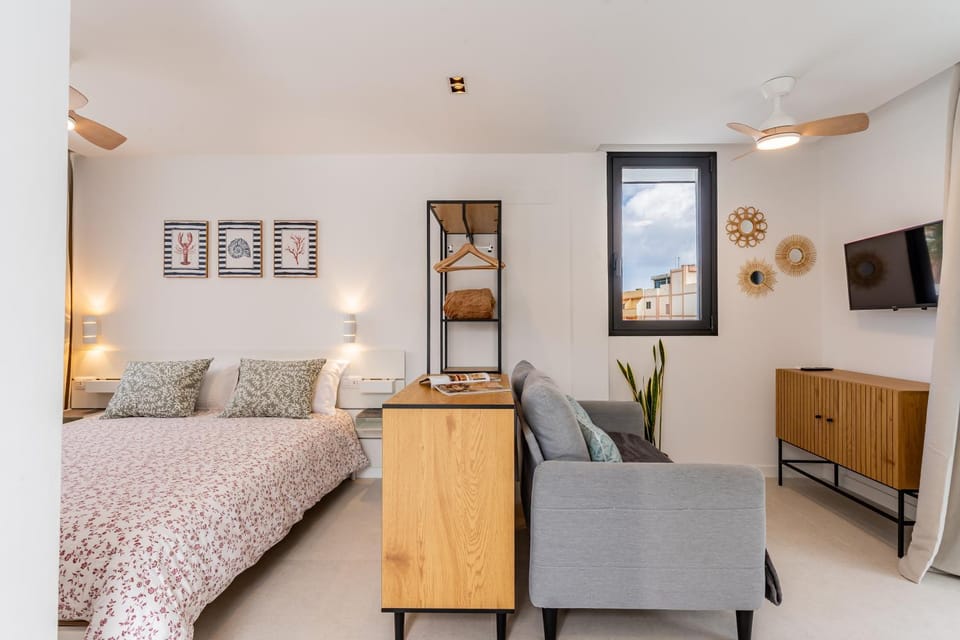 Bed, TV and multimedia, Living room, Photo of the whole room, Seating area, Bedroom
