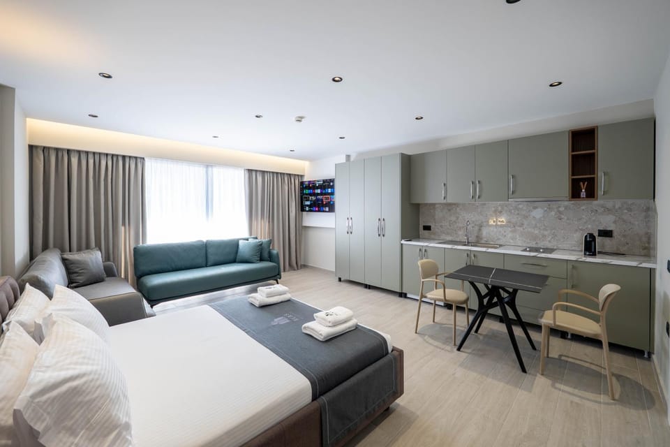 Bed, TV and multimedia, Kitchen or kitchenette, Living room, Photo of the whole room, Seating area, Dining area, Bedroom