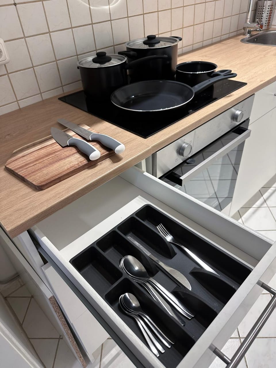 Kitchen or kitchenette, stove
