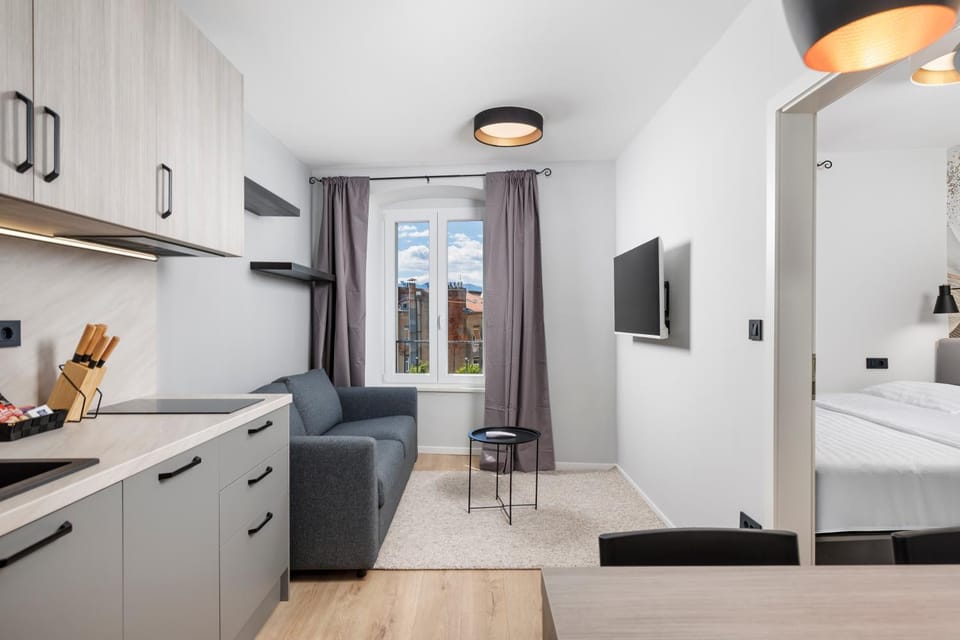 Bed, TV and multimedia, Kitchen or kitchenette, Seating area