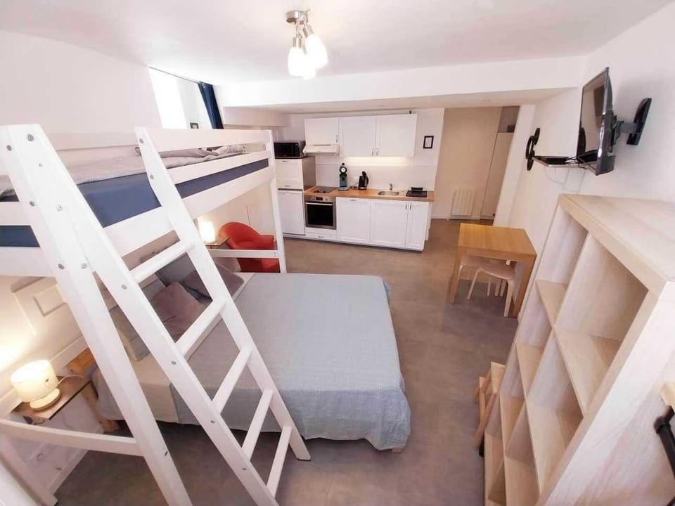 Bed, TV and multimedia, Kitchen or kitchenette, Photo of the whole room, Dining area, Bedroom, bunk bed, oven, stove