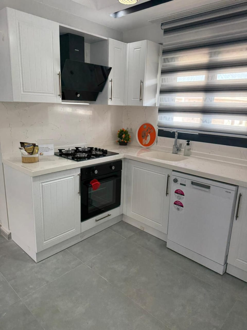 Kitchen or kitchenette, dishwasher, stove