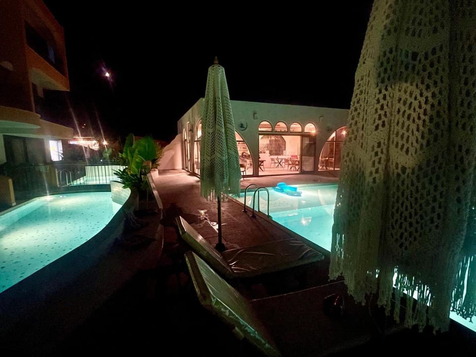Night, Natural landscape, Pool view, Swimming pool, sunbed