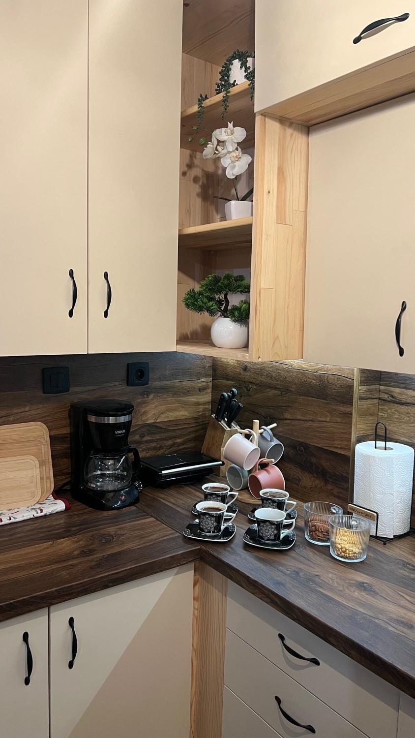 Coffee/tea facilities, Kitchen or kitchenette, stove