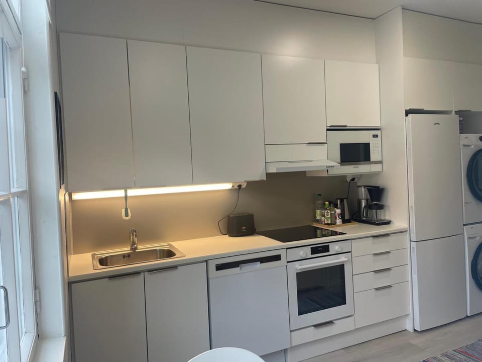 Kitchen or kitchenette, dishwasher, oven, stove, toaster, washing machine, dryer