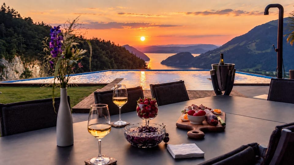Shower, Natural landscape, Lake view, Pool view, Swimming pool, Drinks, Alcoholic drinks, Sunset