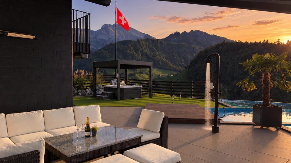 Shower, Day, Natural landscape, Hot Tub, View (from property/room), Balcony/Terrace, Lounge or bar, Seating area, Mountain view, Pool view, Swimming pool