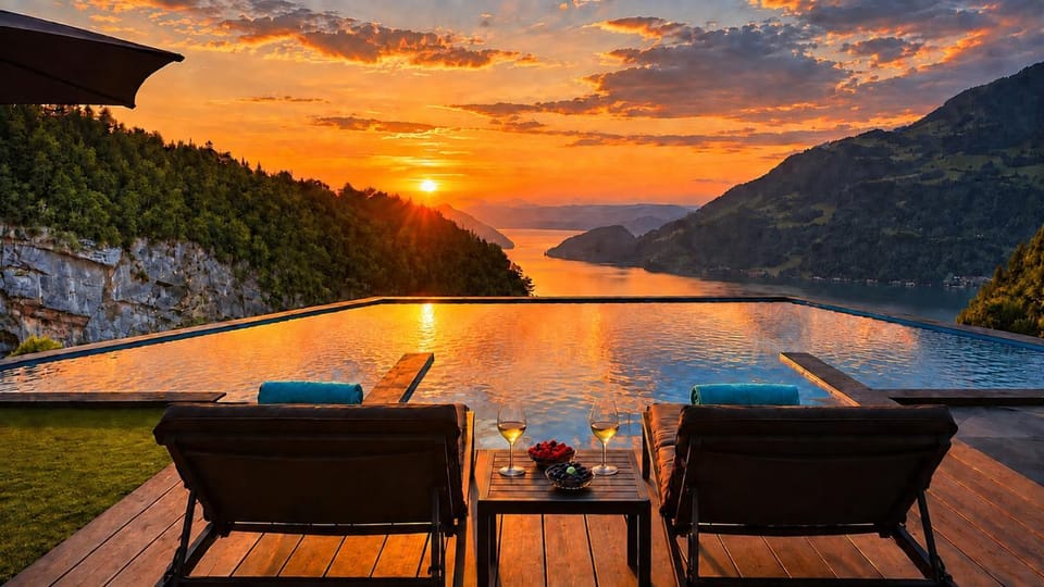 View (from property/room), Balcony/Terrace, Spa and wellness centre/facilities, Lake view, Mountain view, River view, Swimming pool, Sunset, sunbed
