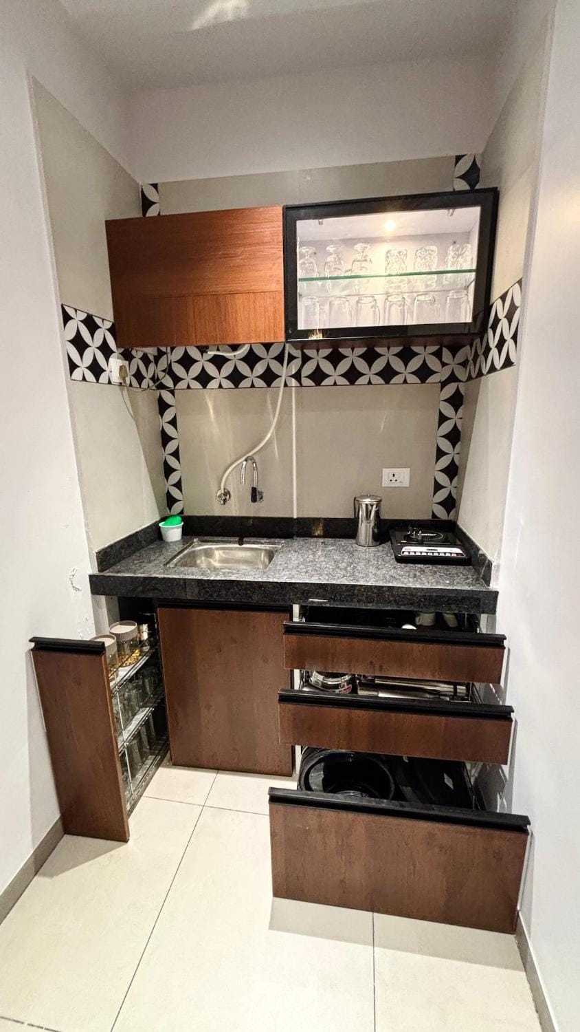 Kitchen or kitchenette, stove
