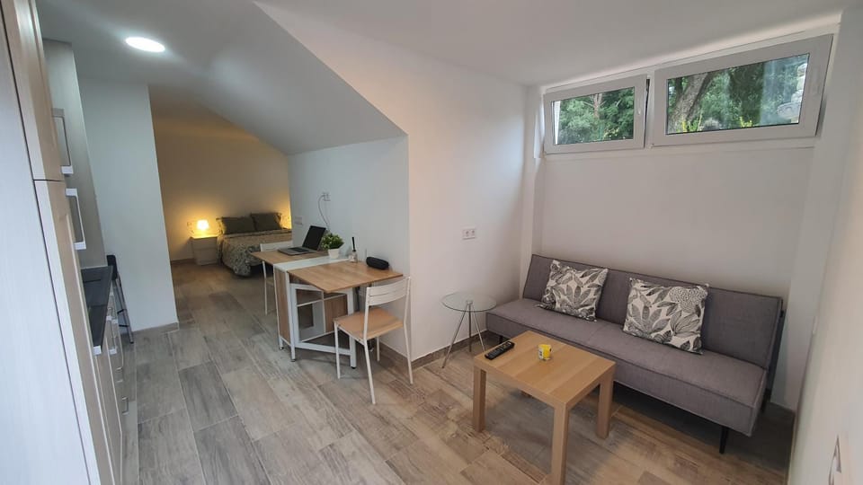 Kitchen or kitchenette, Living room, Seating area, Dining area