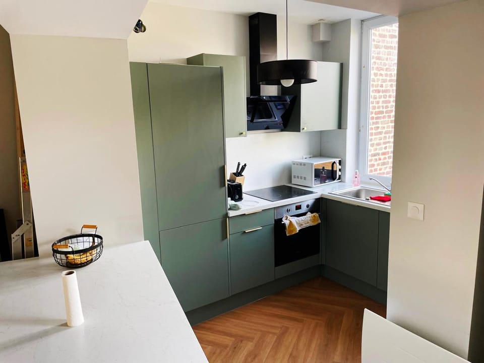 Kitchen or kitchenette, minibar, oven, stove, wardrobe