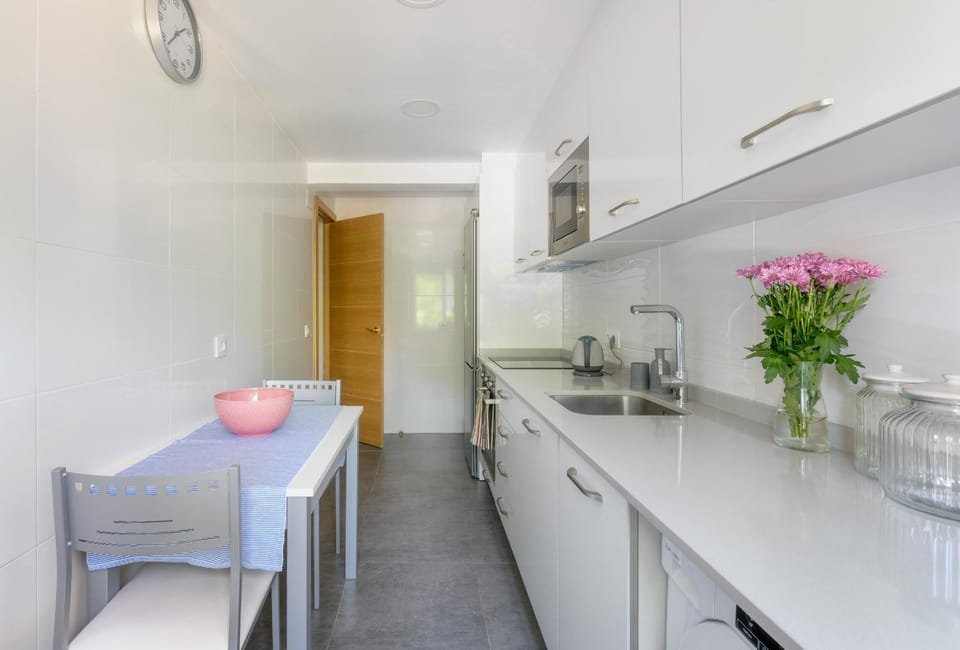 Kitchen or kitchenette, Dining area, Street view, microwave, oven, stove