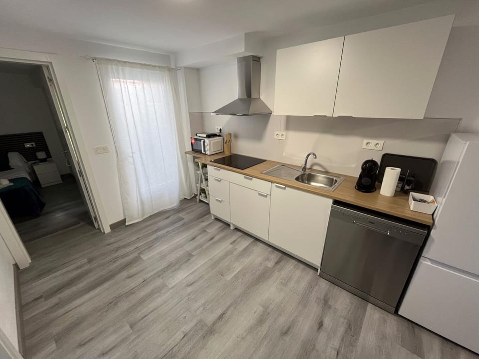 Kitchen or kitchenette, dishwasher, stove, toaster