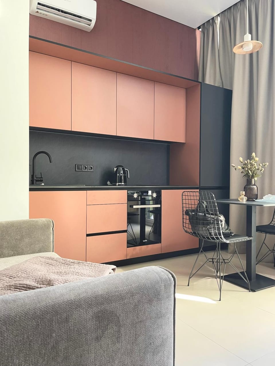 Kitchen or kitchenette, Living room, Dining area, oven, stove