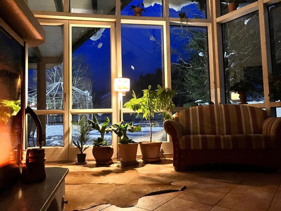 Night, Garden, Living room, Seating area, Garden view, Mountain view, flat iron